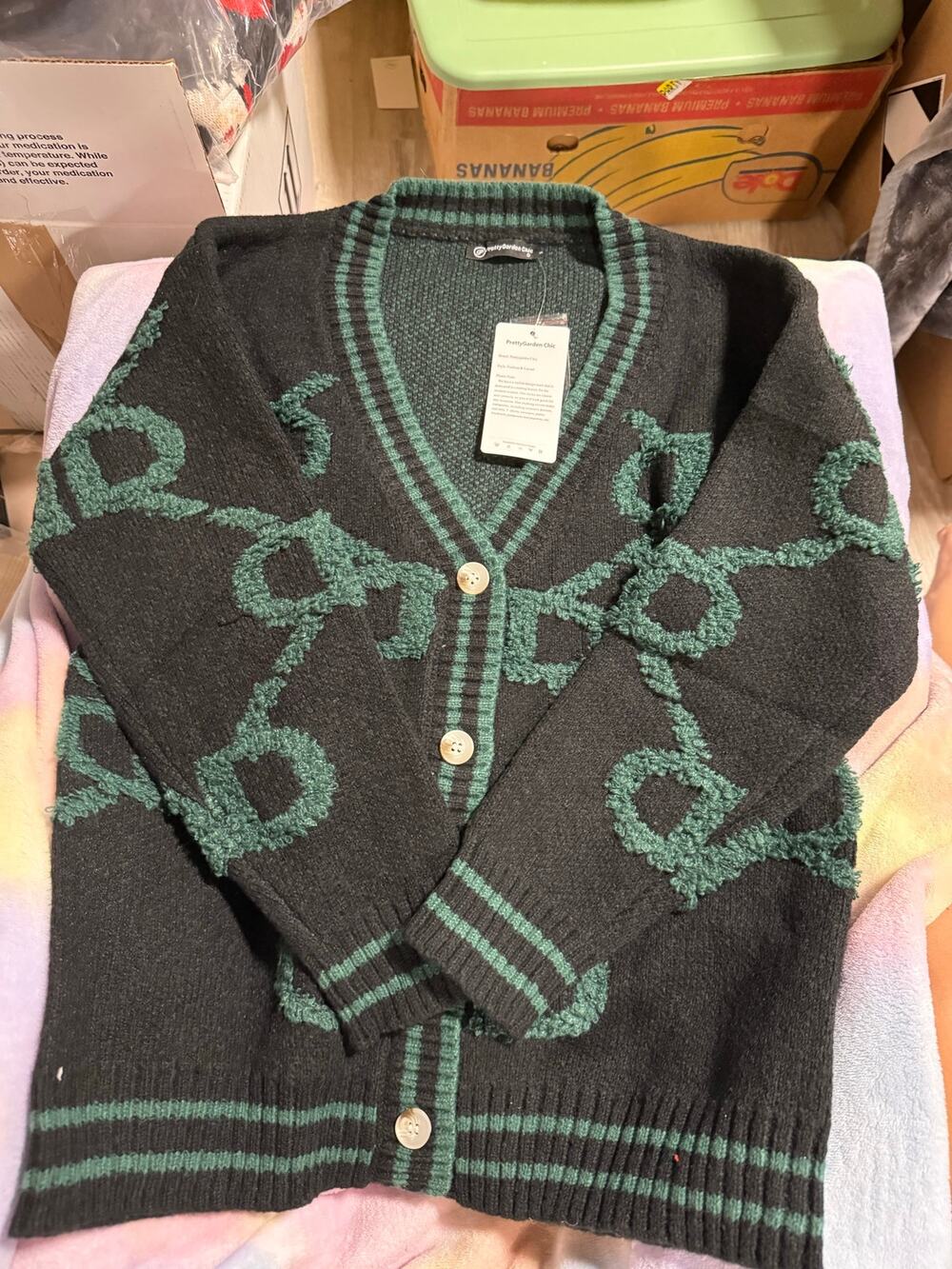 PrettyGarden Chic Black Green Tufted Cardigan Small NWT